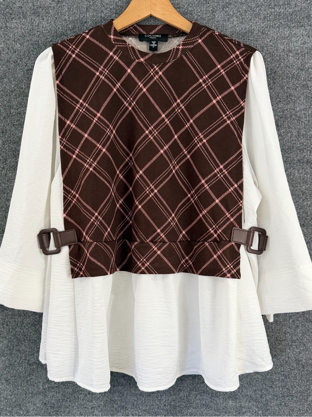 Cocomo Womens 1X Layered Look Plaid Top 3/4 Sleeve Office Flowy Academia